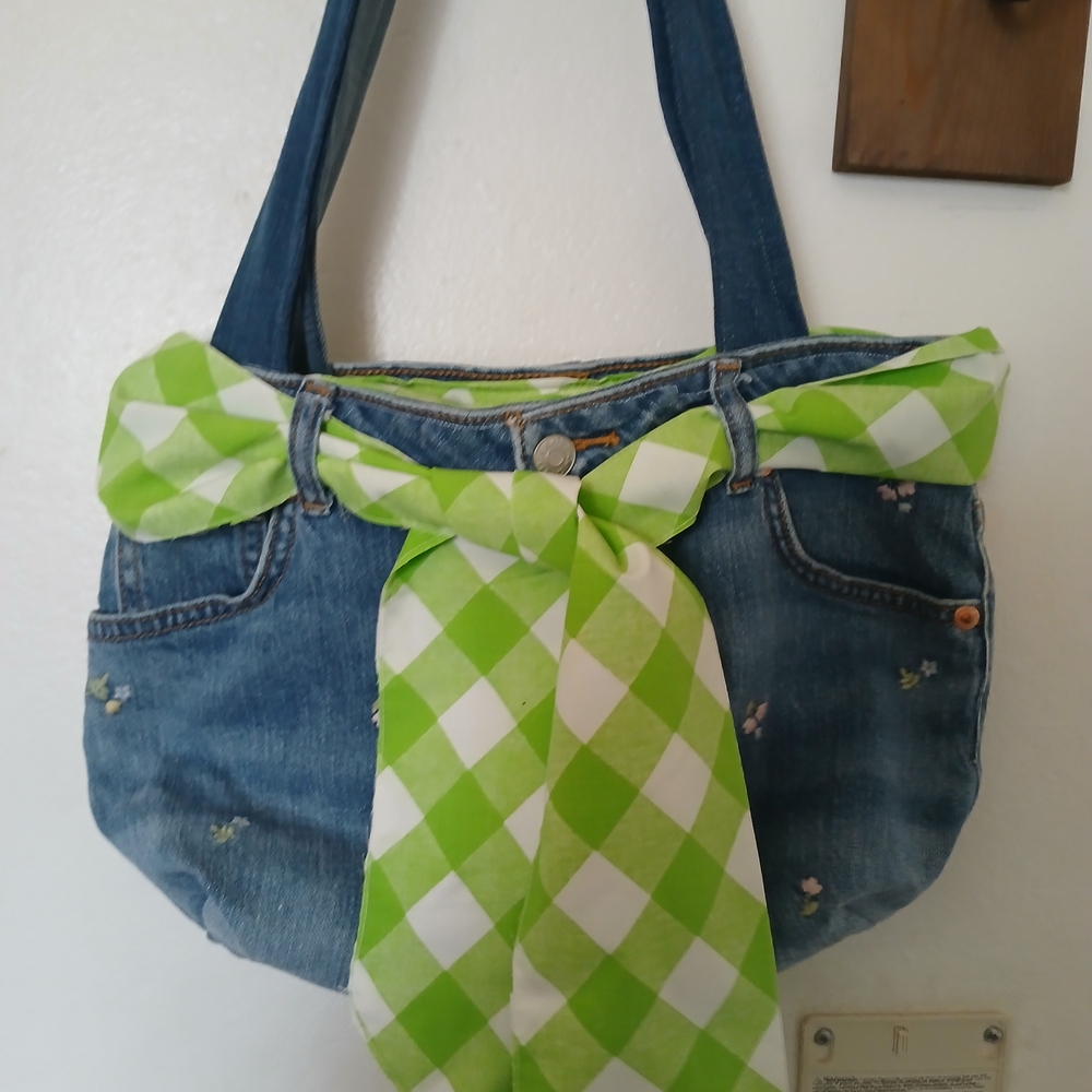 Denim Tote Bag with Green Checkered Accent